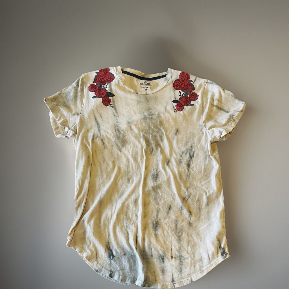 Hollister Floral Rose Graphic Tie Dye Tee Women’s Medium Gray Curved Hem Shirt